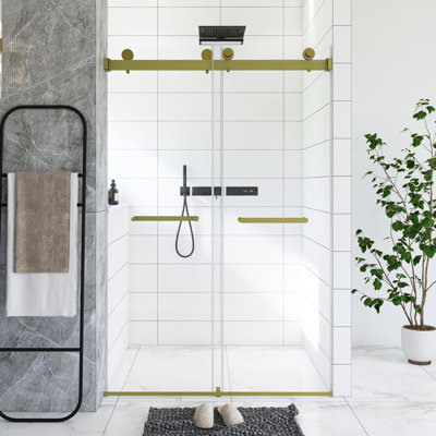 Porte de douche coulissante double sans cadre l 44 à 48 po x H 74 po, verre trempé 5/16 po (8 mm), film antidéflagrant, poignée en acier inoxydable, rail tubulaire carré, noir mat
