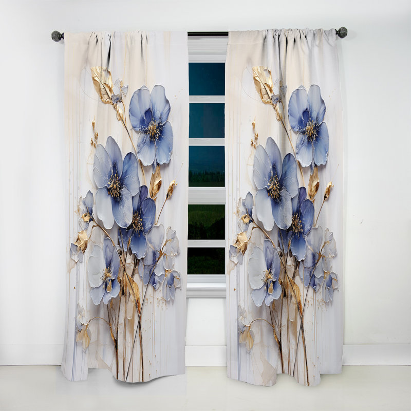 Lanscombe Blue and Gold Exquisite Violets IV - Traditional Curtain - Velvet Room Darkening - 1 Panel, 52" W x 108" L