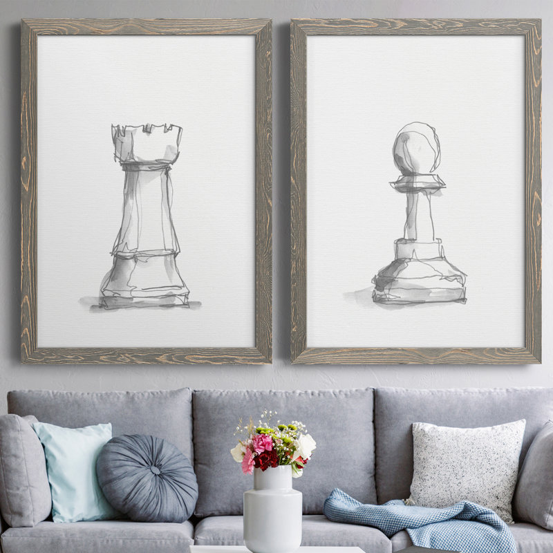 Chess Room Study V - ensemble de 2 reproductions de cadres photo, H 31,5 po x l 47 po x P 1,5 po, Toile avec cadre gris