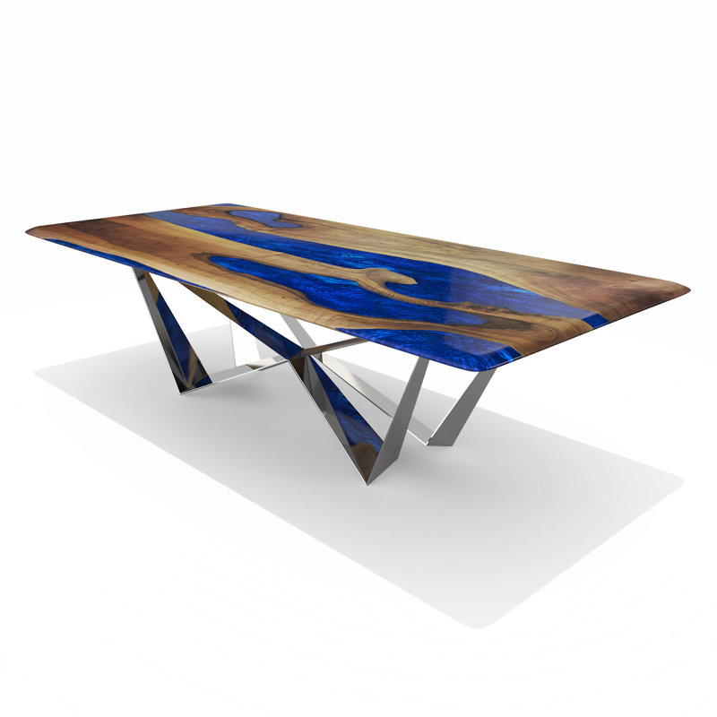Table de salle à manger Danube, L 48 po x L 120 po, Brun / bleu de cobalt, Chrome poli