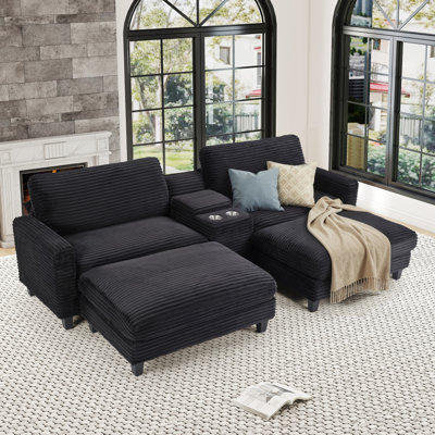 112.5 '' Wide U-Shaped Modular Comfy Cloud Upholstered Corduroy Sectional Loveseat with Ottomans, Center Console & Cup Holders