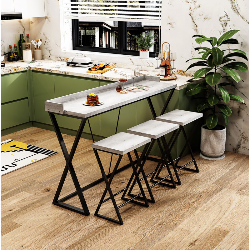 Geesey 58.3" Console Table and Stool Set, Bar Table With Stools Breakfast Bars Height Dining Table, Gray