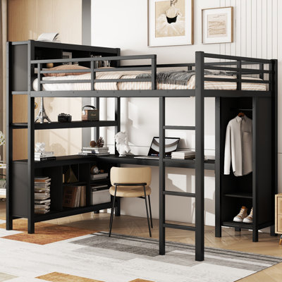 Metal Loft Bed with Wardrobe, L-Shaped Desk & Storage, Heavy Duty Frame for Kids & Teens, Black by Ivy Bronx