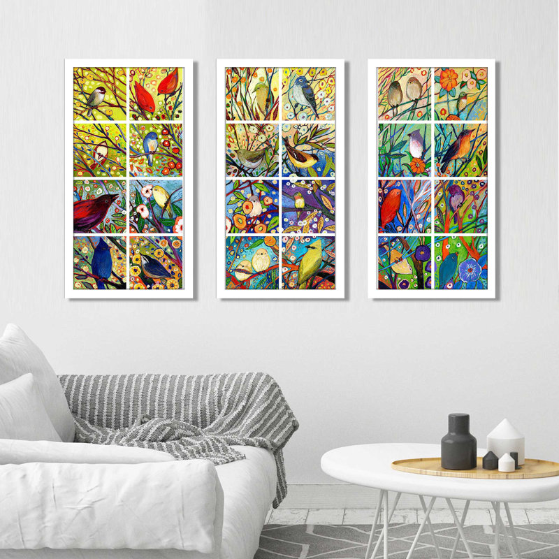"32 oiseaux" par Jennifer Lommers, impression sur acrylique 3 pièces, H 33,5 po x l 52,5 po x P 1 po