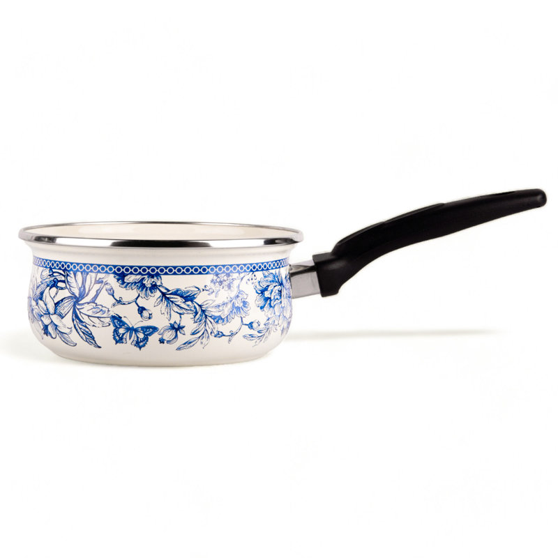 Blue Toile de Jouy Enamel Saucepan 1.45-qt with Liter Scale