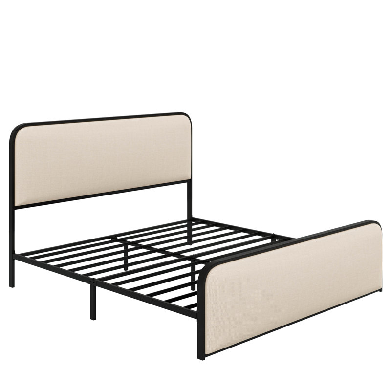 Structure de lit moderne en métal avec tête et pied de lit courbés et rembourrés, avec rangement sous le lit, Beige