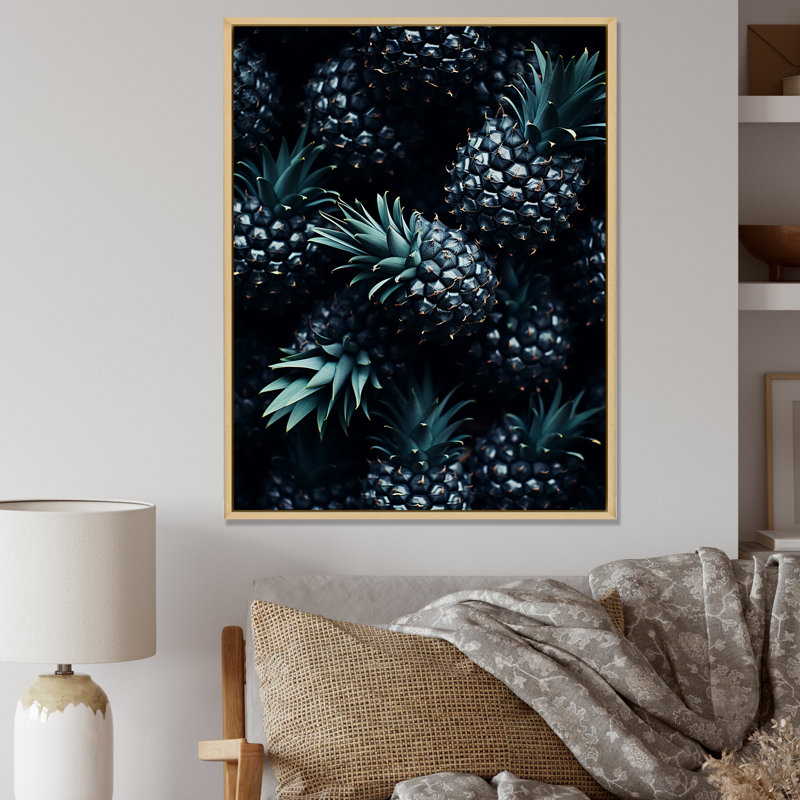 Ananas vert et noir - ananas, art mural, Cadre flottant brun, H 40 po x l 30 po x P 1,5 po