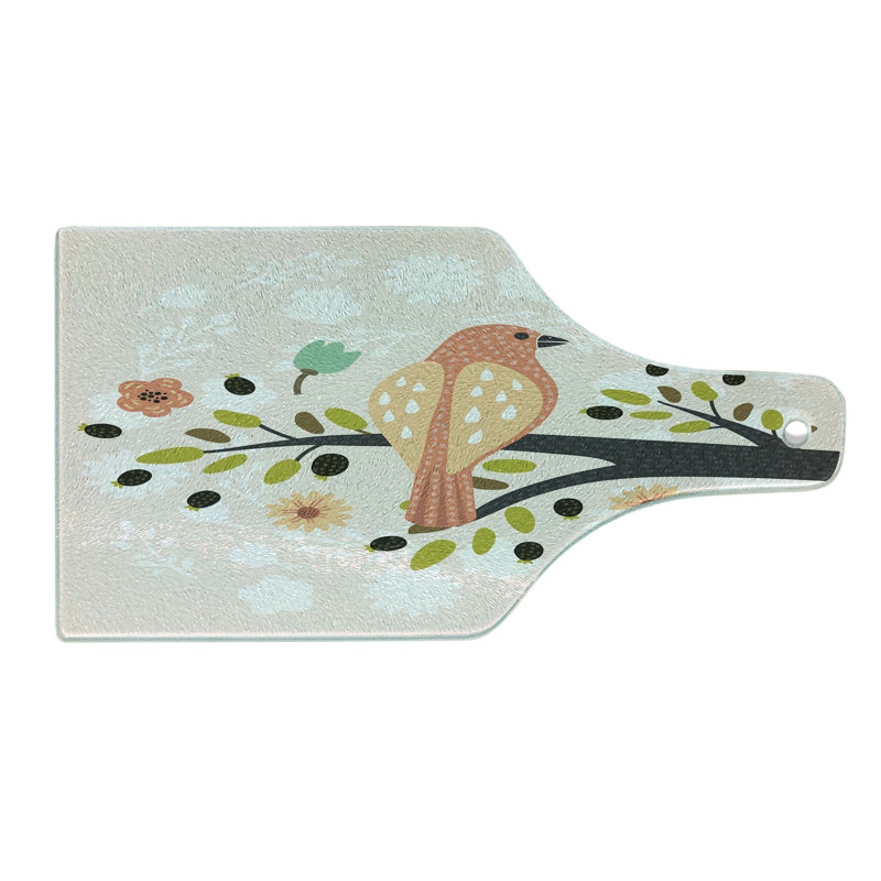 Ambesonne Forest Tempered Glass Cutting Board Flowers Bird on a Branch Pale Eggshell Multicolor