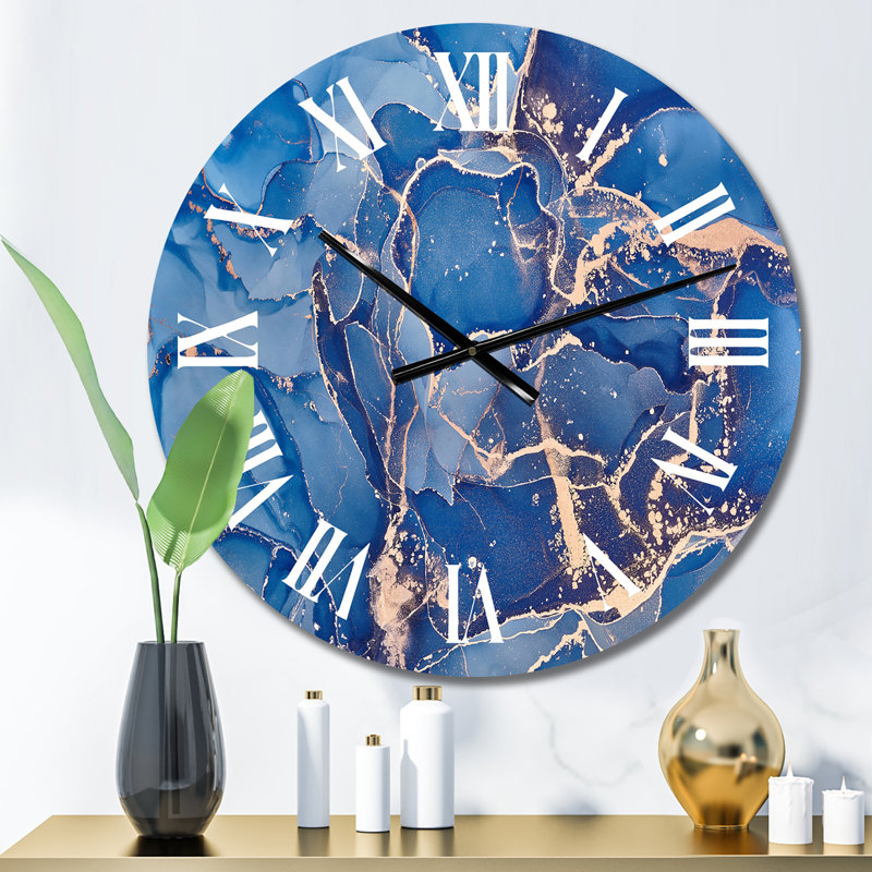 Art liquide bleu avec veines dorées I - horloge murale moderne, Moyen