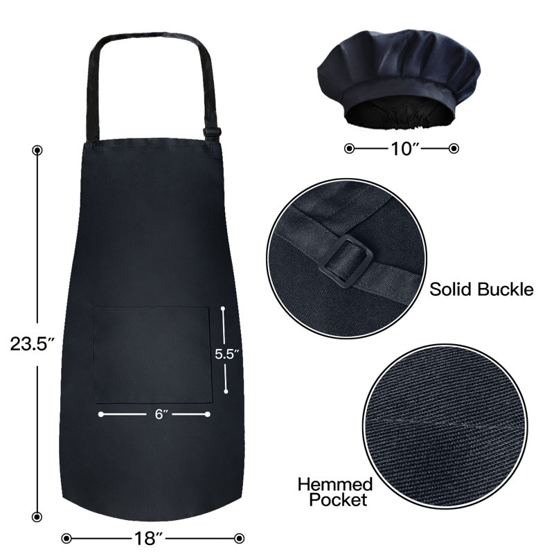 Kid's Apron with Chef Hat Set - Children’s Bib with Pocket for Cooking, Baking, Painting - 6-12 Kid, Black