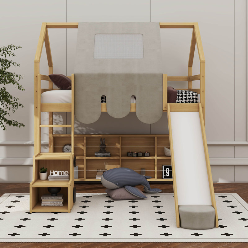 Lit mezzanine en bois avec structure en forme de maison et auvent de tente, Simple, Naturel / Beige