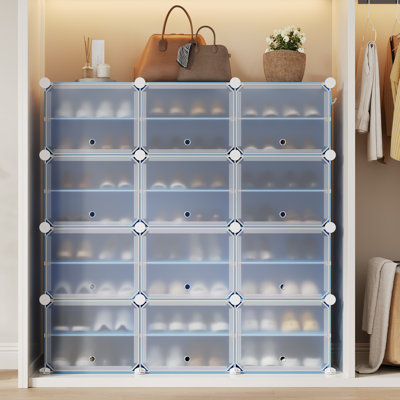 Armoire de rangement modulaire à 12 cubes pour chaussures, organisateur de chaussures en plastique rose avec portes transparentes, étagère à chaussures empilable avec crochets pour vestibule, placard, chambre à coucher