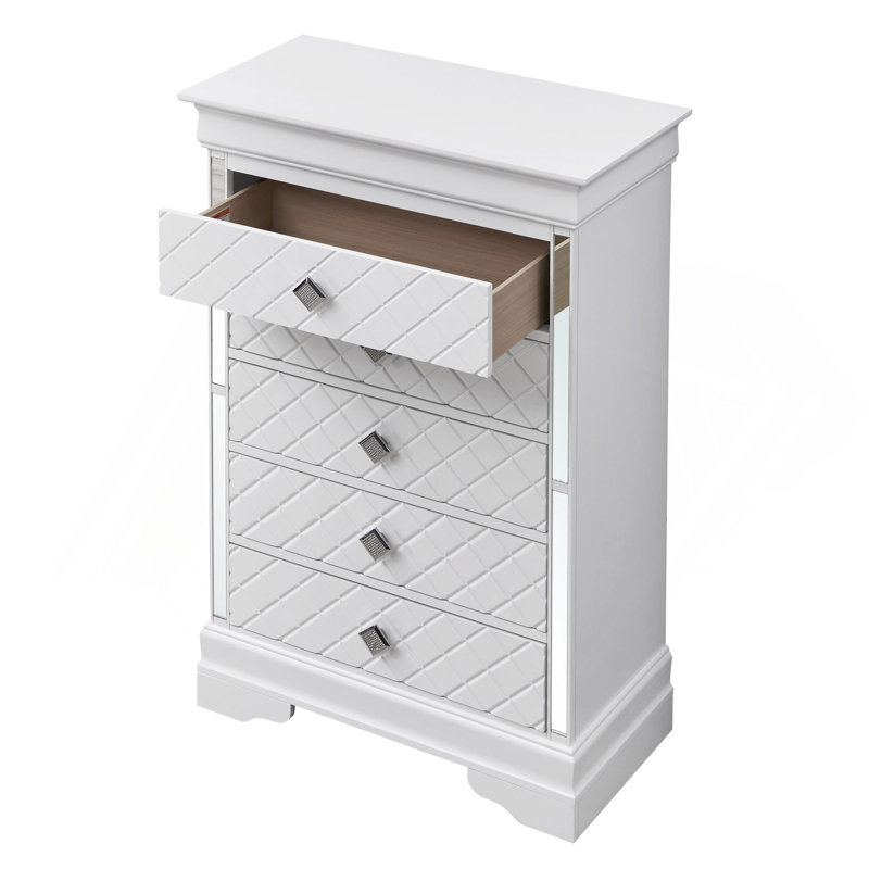 Commode verticale à 5 tiroirs avec façade texturée et poignées décoratives, Blanc
