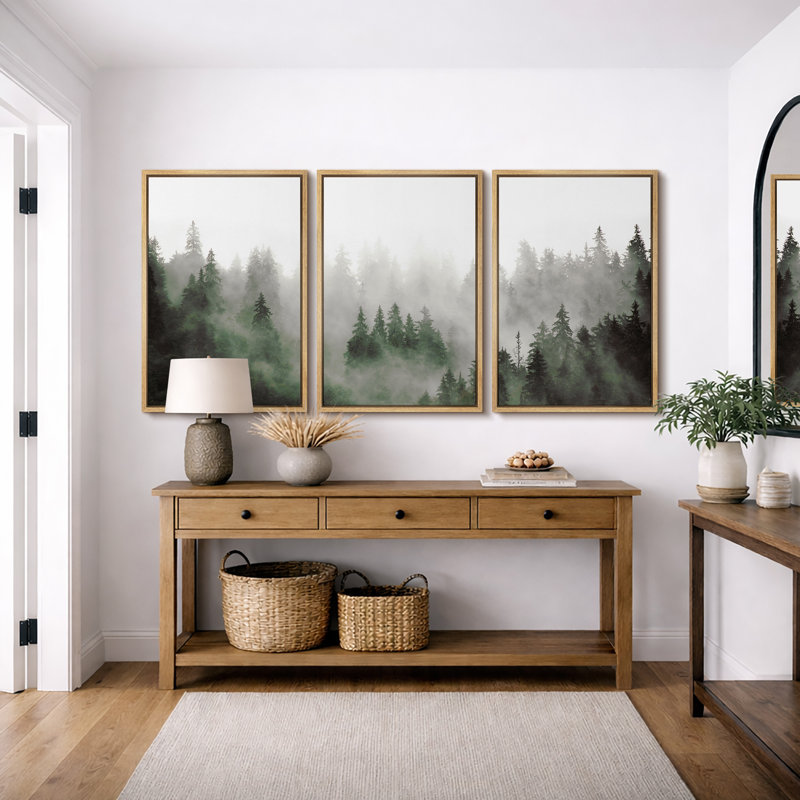 "Misty Forest Landscape" Moody Green Pine Tree, H 24 po x l 16 po, Naturel