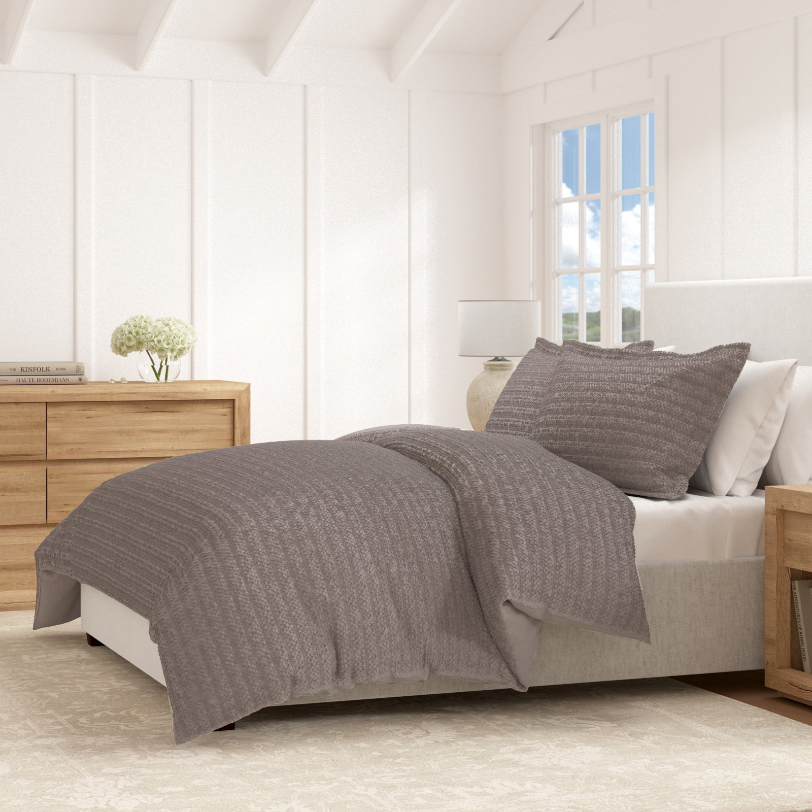 Waffle Cotton Duvet Cover Set, Gray, Full / Queen Duvet + 2 Shams