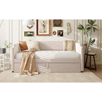 Twin Size Velvet Upholstered Daybed With Pop Up Trundle, Beige