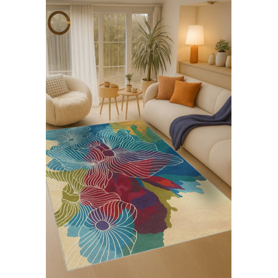 Tapis beige tissé à motif floral lavable Mosso
