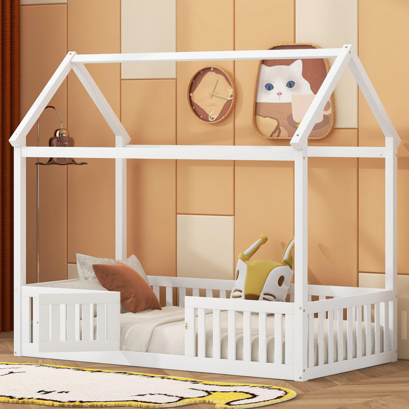 Twin Size Wood House Bed with Fence and Door, White, Twin, White