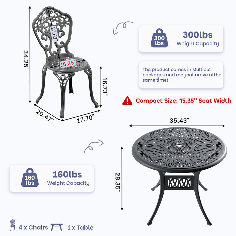 5-Piece Cast Aluminum Outdoor Dining Set,35.43" Round Table with Umbrella Hole & 4 Chairs with 15.35" Seat Width