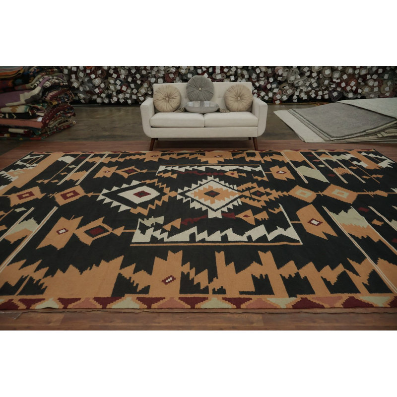Black Geometric Kilim Handwoven Large Rug 10x15