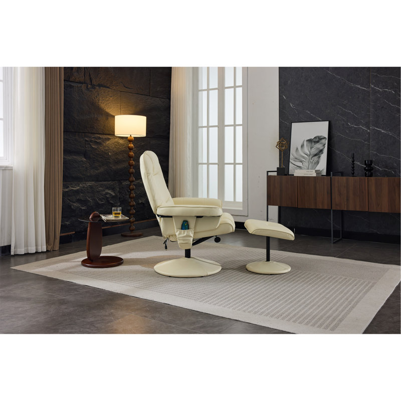 Massage Recliner Chair With Ottoman, 360° Swivel PU Leather Reclining Chair With Wrapped Base, 5 Point Vibration Massage, Seat Heating And 140° Adjustable Backrest For Home Or Office