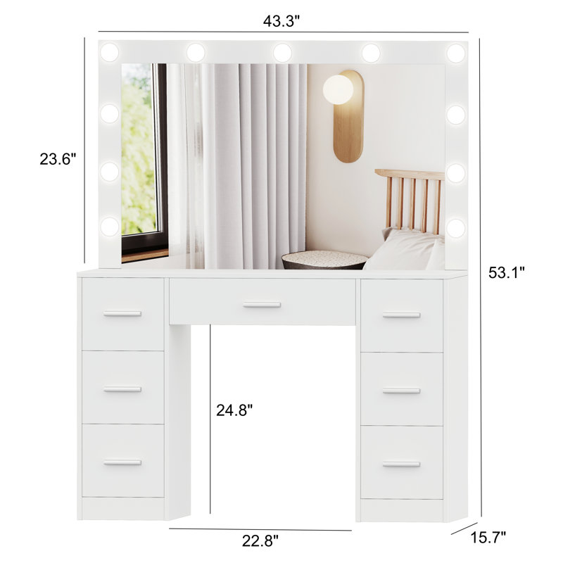 Table de coiffeuse Makada avec grand miroir éclairé, coiffeuse de maquillage avec 7 tiroirs, Blanc