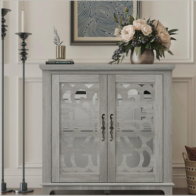 Élégant buffet avec 2 portes en miroir en acrylique, buffet et rangement, armoire décorative grise et stratifié gris et support en panneau de fibres à densité moyenne, tablette spacieuse réglable