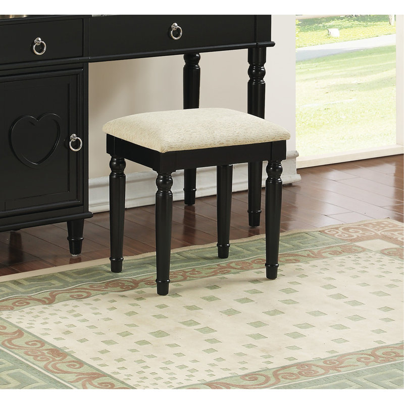 Bedroom Vanity Set W Stool Open Up Mirror Storage Space Drawers Rubber Wood Ring Pull Handles, Black