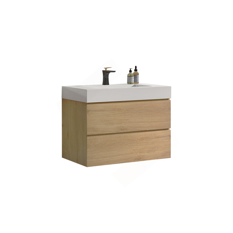 Meuble-lavabo mural en chêne naturel de 30 po avec lavabo, grand meuble-lavabo flottant mural pour salle de bain moderne, lavabo une pièce blanc brillant sans drain ni robinet