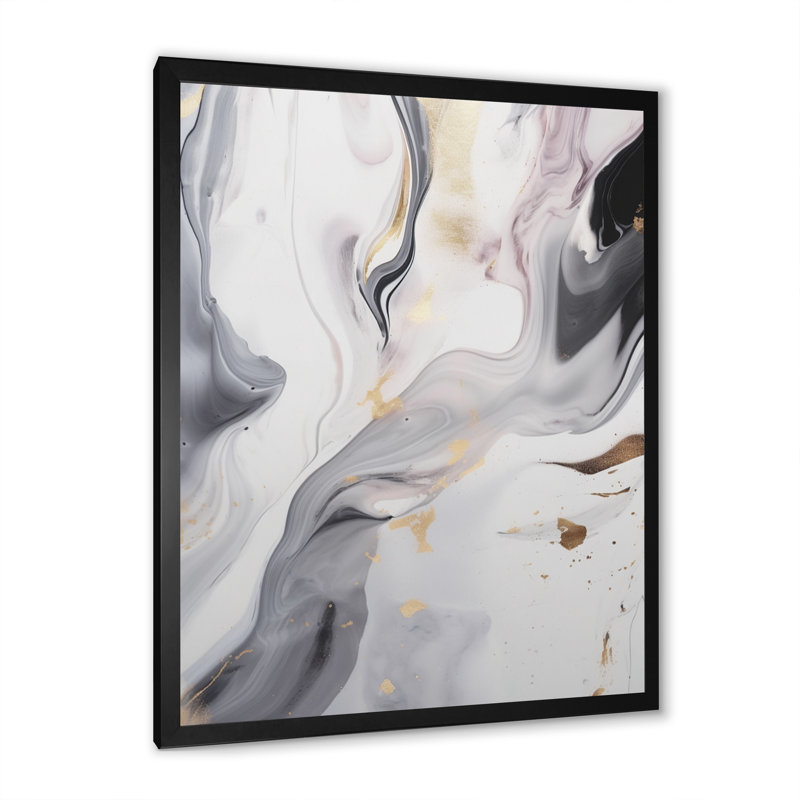 Blanc et gris ondulations de pierre I - art mural abstrait en marbre, Cadre photo noir, H 32 po x l 24 po x P 1 po
