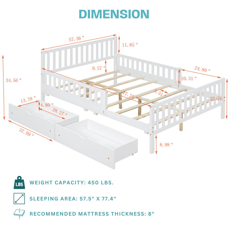 Lit plateforme pour enfants avec rails de sécurité et tiroirs de rangement Dreamhaven, Full, Blanc