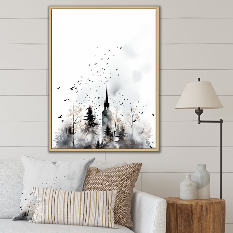 «Minimalist Gray Church Landscape», art mural, Cadre flottant brun, 44" H x 34" W