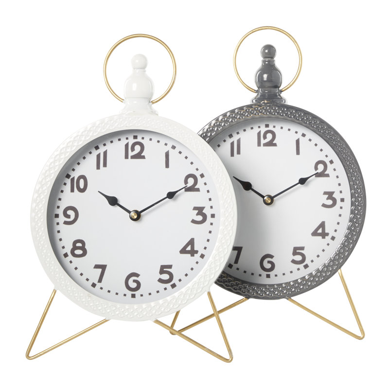 Horloge de table analogique à quartz en métal gris / blanc