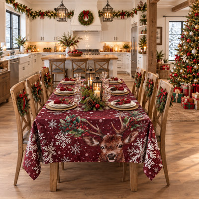 Nappe de Noël avec rennes et flocons de neige, 100 % polyester flammé, pour les fêtes.
