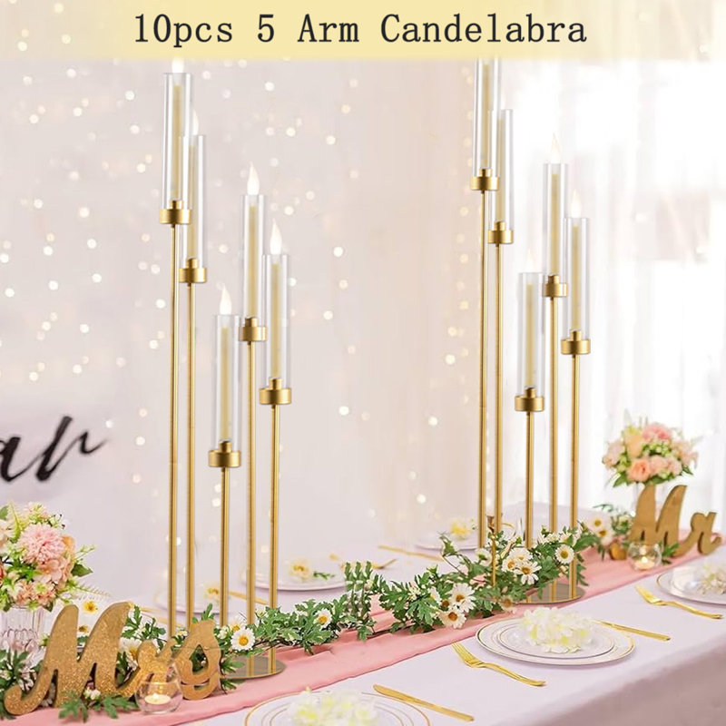 10Pcs Gold Floor Candelabra,5 Arm Candle Holder Tall Floor Candle Holder With Acrylic Lampshade For Wedding Table Birthday Party Halloween Christmas Decoration Fit Led Taper Candles