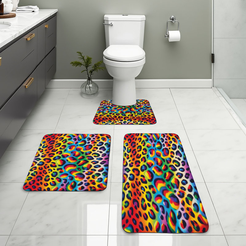  Ensemble de 3 tapis de salle de bain à imprimé léopard et tapis rectangulaires orange multicolore
