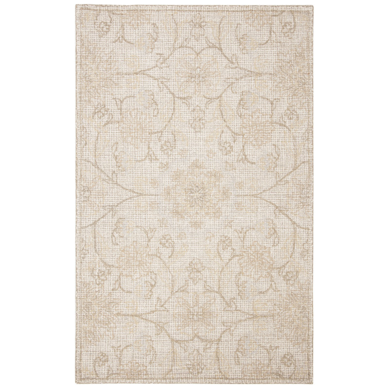 Tapis gris clair / ivoire en laine touffeté à la main à motif floral Sulema, Rectangle 5 pi x 8 pi