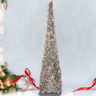 Styrofoam cone Christmas trees. Wrapped in yarn, tinsel garland