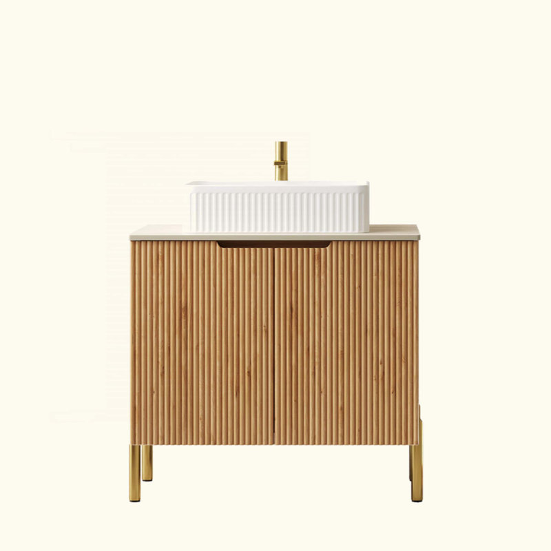 Meuble-lavabo de salle de bain avec lavabo, armoire de rangement autoportante en contreplaqué avec 2 portes, lavabo rectangulaire en céramique et comptoir en pierre frittée à motif de travertin Roma