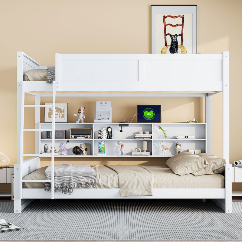 Lit double superposé au-dessus de grand lit double avec armoires de rangement et ports USB, Blanc antique