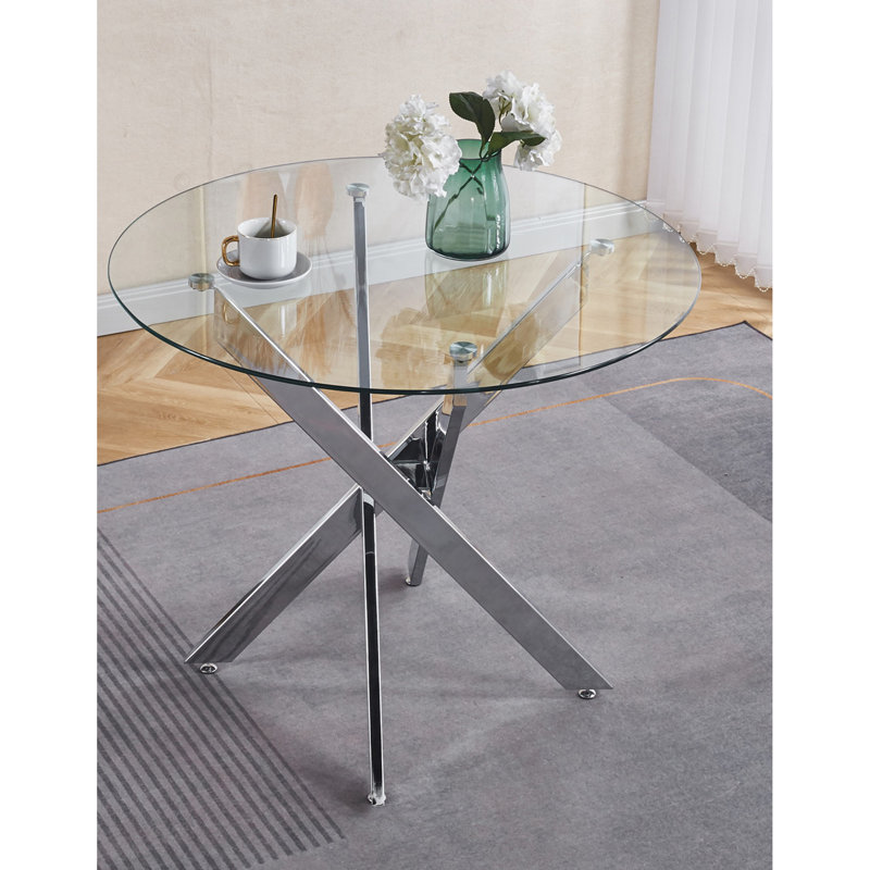 Table de salle à manger avec pieds croisés en métal et verre trempé, table de cuisine moderne pour le salon, pieds chromés