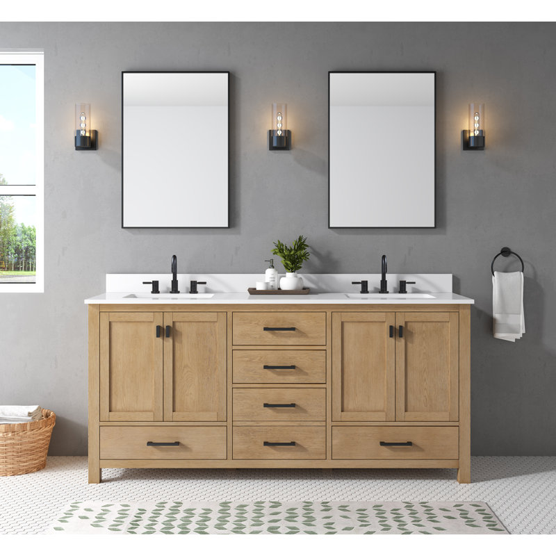 Modero 73" Double Bathroom Vanity Set, Cala White, Brushed Oak, 72" 