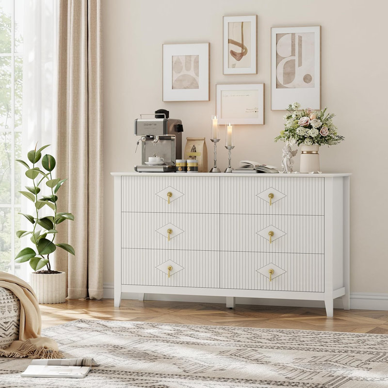 Commode pour chambre à coucher avec 6 tiroirs, commode extra large 54 "avec poignée en métal, Blanc