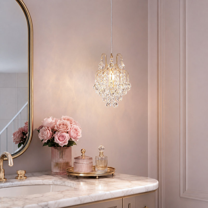 Lustre de chevet de luxe en cristal doré de 9 pouces avec ampoule et fil de suspension réglable, adapté pour un coin chambre / coin lecture, mini-lustre élégant
