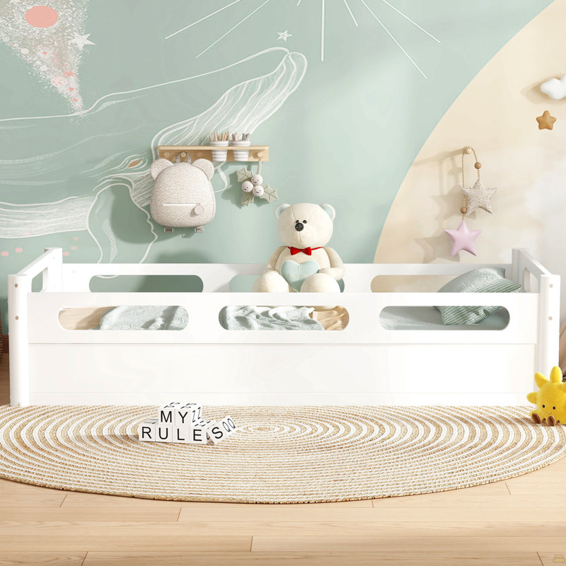 Lit plateforme simple avec garde-corps pleine longueur, base de lit grand profil bas avec support en lattes de bois, Blanc