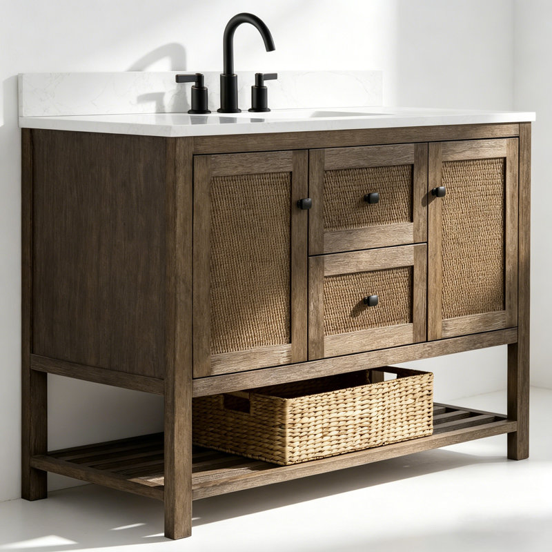 48" Freestanding Single Sink Warm Natural Fir Bathroom Vanity with 1" White Engineered Marble Top