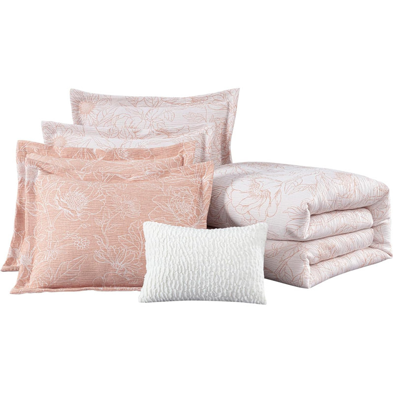 Katrina Floral Jacquard Textured Comforter Set, Twin Comforter + 3 Additional Pieces, White/Coral