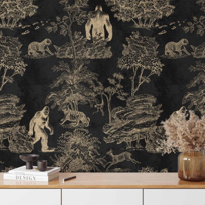 Black Bigfoot Toile de Jouy Wallpaper