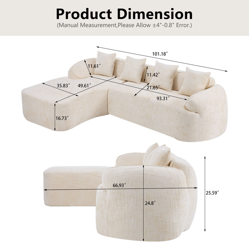 Chenille L-Shaped Sectionals Sofa With Four Pillows, Beige Chenille