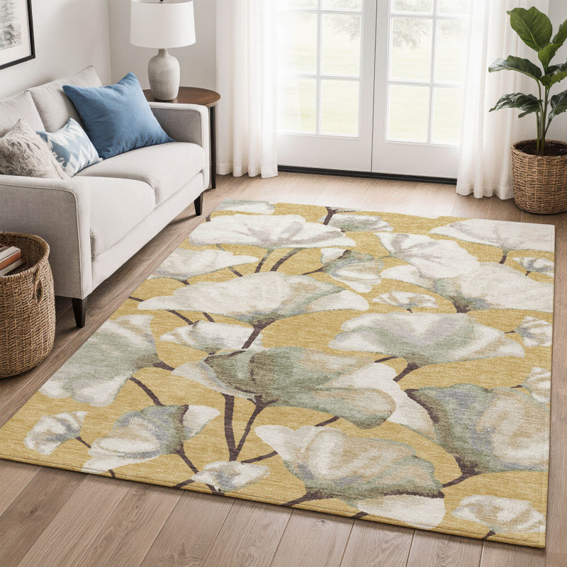 Premium Machine Washable Mayfield AMF2405 Floral Rug, Gold, 5' x 7'6"